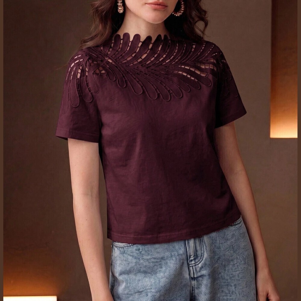 Burgundy Cotton Cutout Feather Lace Trim Short Sleeve Tee